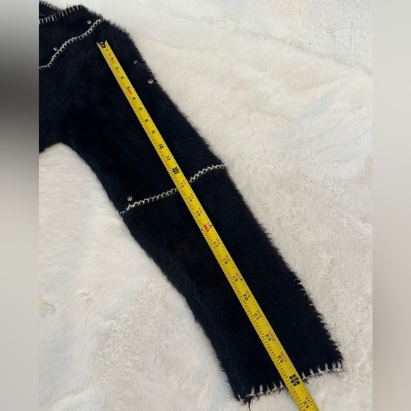 Sioni Classy Edgy Black Studded Fuzzy Knit Long White Stitch Cardigan w/Top Snap - Picture 14 of 14